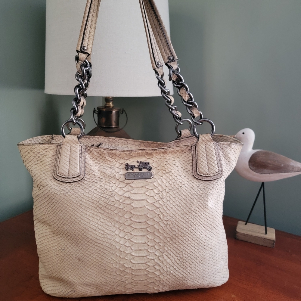 Coach 18771 Madison Python Embossed Chain Tote Cream Leather Y2K Bag